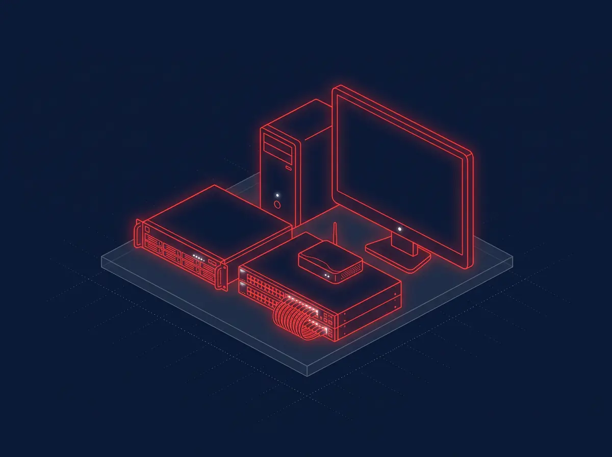 Illustration of a rack server, a network switch with patch cables, a router and a workstation staged for delivery