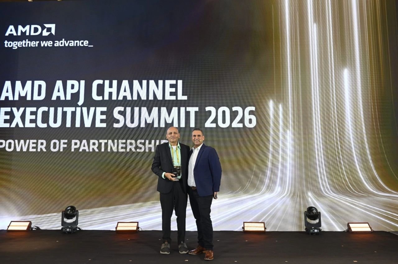 Sheeltron receiving partnership recognition on stage at the AMD APJ Channel Executive Summit 2026