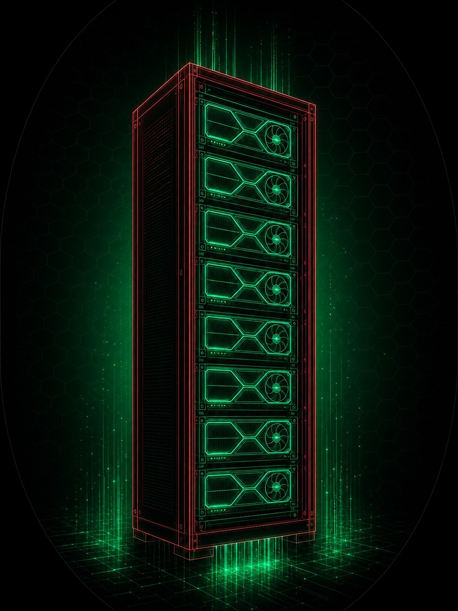 Enterprise GPU compute cluster — vertical rack with neon-lit accelerator modules